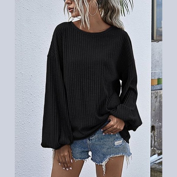 COEUR DE VAGUE Tops - NWT Black Ribbed Puffed-Sleeve Relaxed Top, Size S
